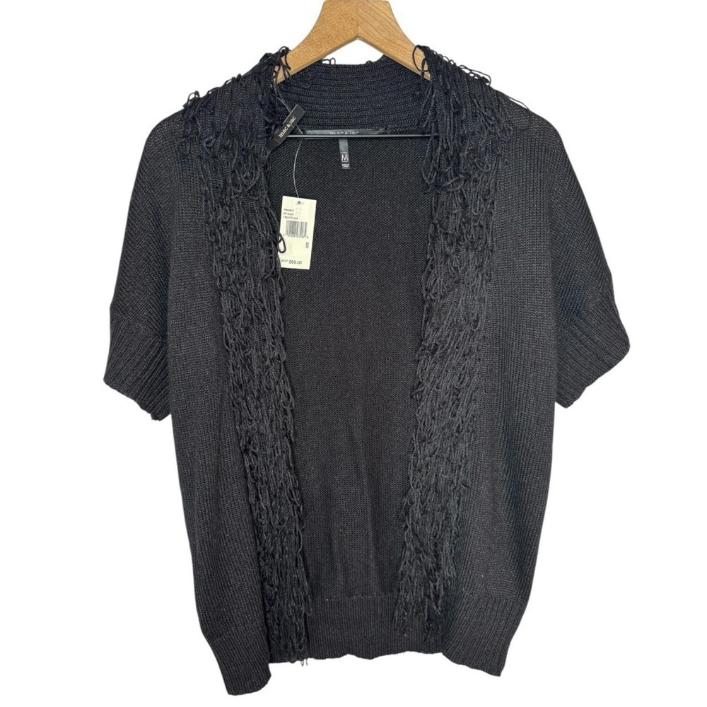 mac & jac Black Short-Sleeve Open-Front Cardigan with Fringe Trim